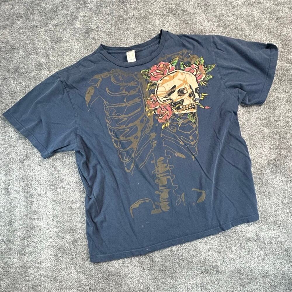 Vintage Y2K Ed Hardy Men's XL Skeleton Skull Roses Double Sided T Shirt